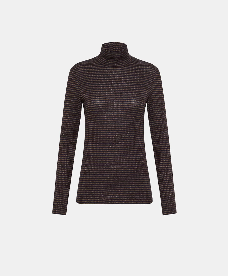 Momoni Women's Blue and Bronze Lurex Ribbed Striped Rodolphe T-Shirt