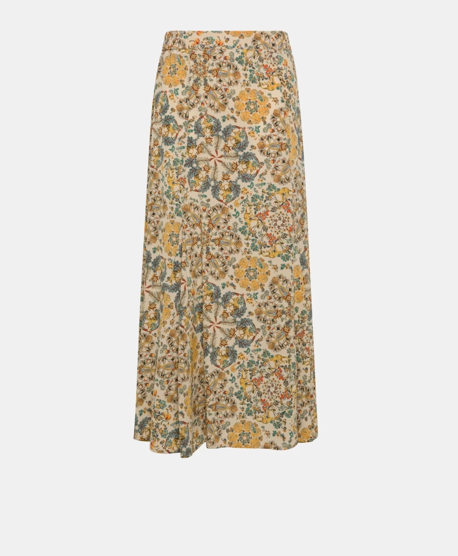 Momoni Women's Theo Skirt - Multicolor Beige Printed Crepe de Chine Midi Skirt