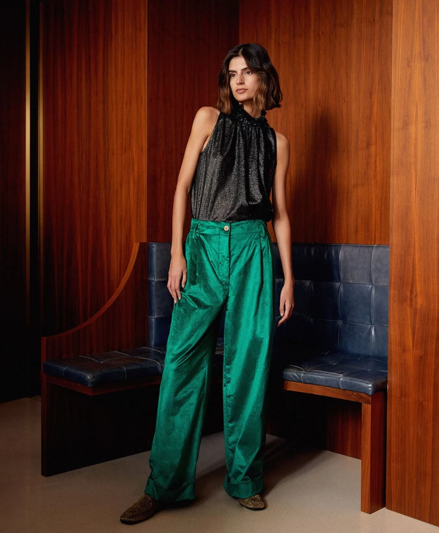 Momoni Women's Emerald Green Lantana Pants - Shiny Needlecord High-Waisted Trousers
