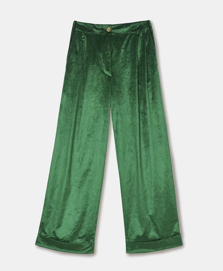 Momoni Women's Emerald Green Lantana Pants - Shiny Needlecord High-Waisted Trousers