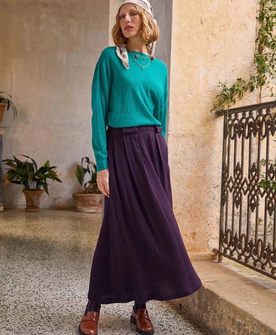 Momoni Women's Gaspard Skirt - Double Wool Viscose Gauze, Wine Red, Elegant A-Line Design
