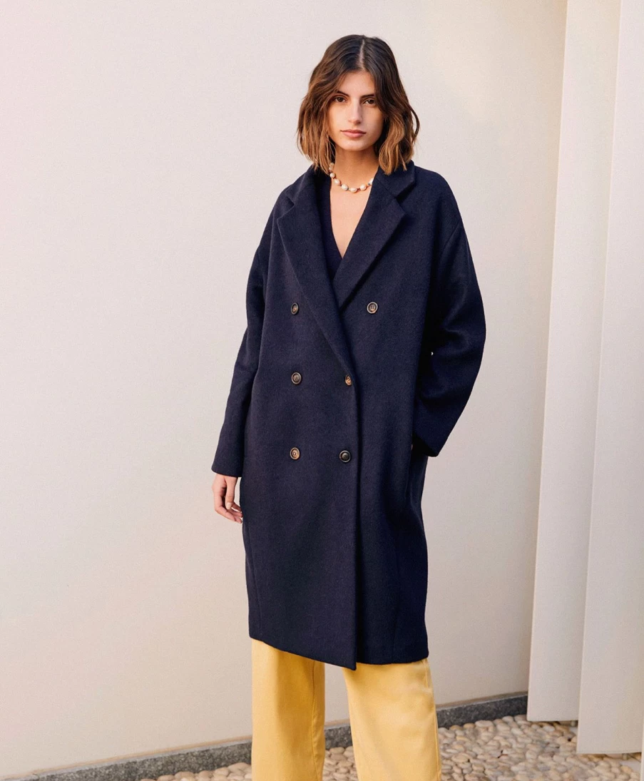 Momoni Women's Neve Coat - Double-Face Wool Blend in Blue & Camel, Winter Warm Trench Coat