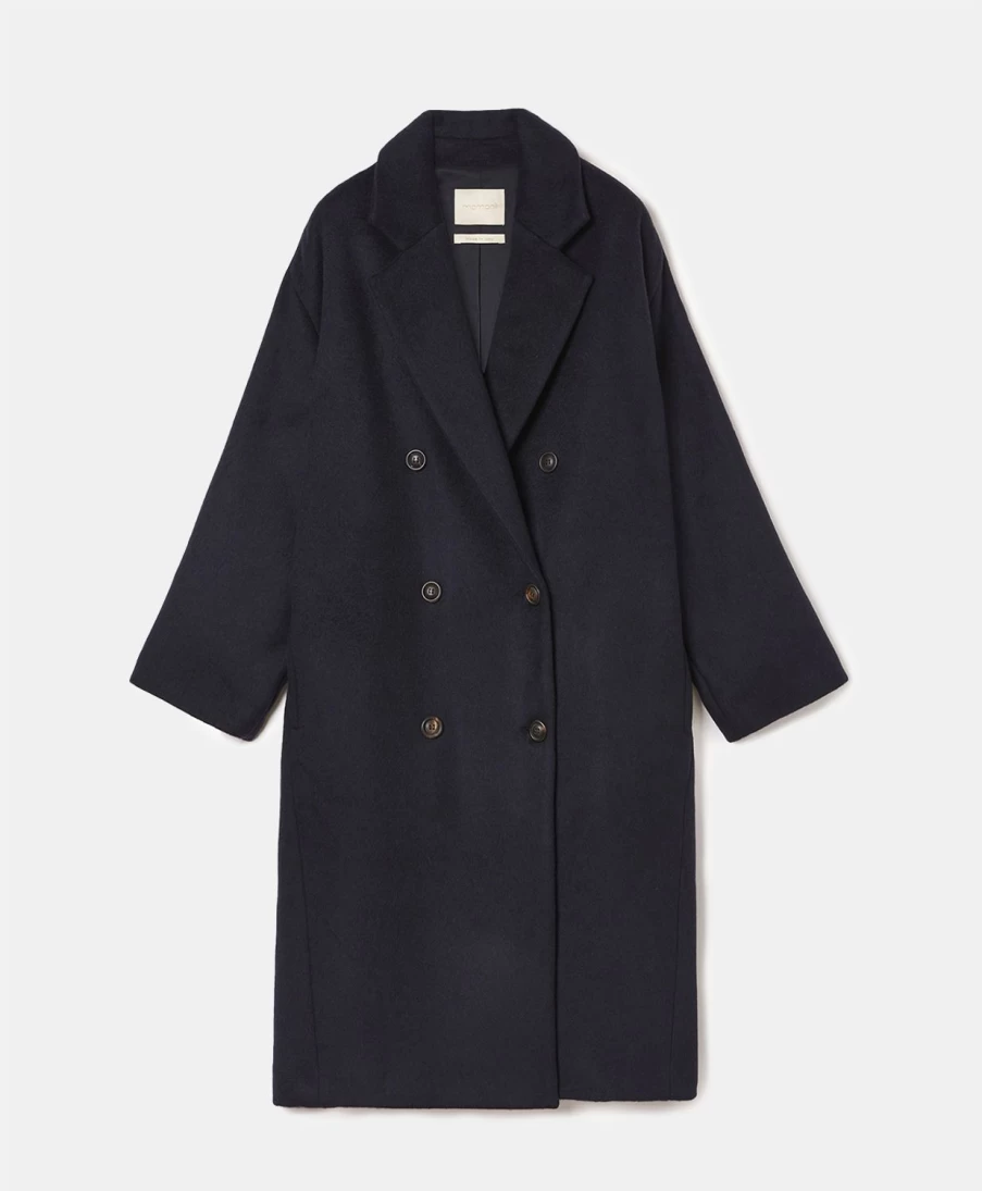 Momoni Women's Neve Coat - Double-Face Wool Blend in Blue & Camel, Winter Warm Trench Coat