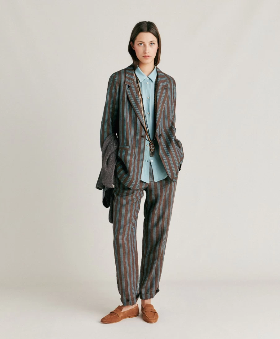 Momoni Women's Dayton Striped Linen Jacket - Brown & Aqua Casual Summer Coat