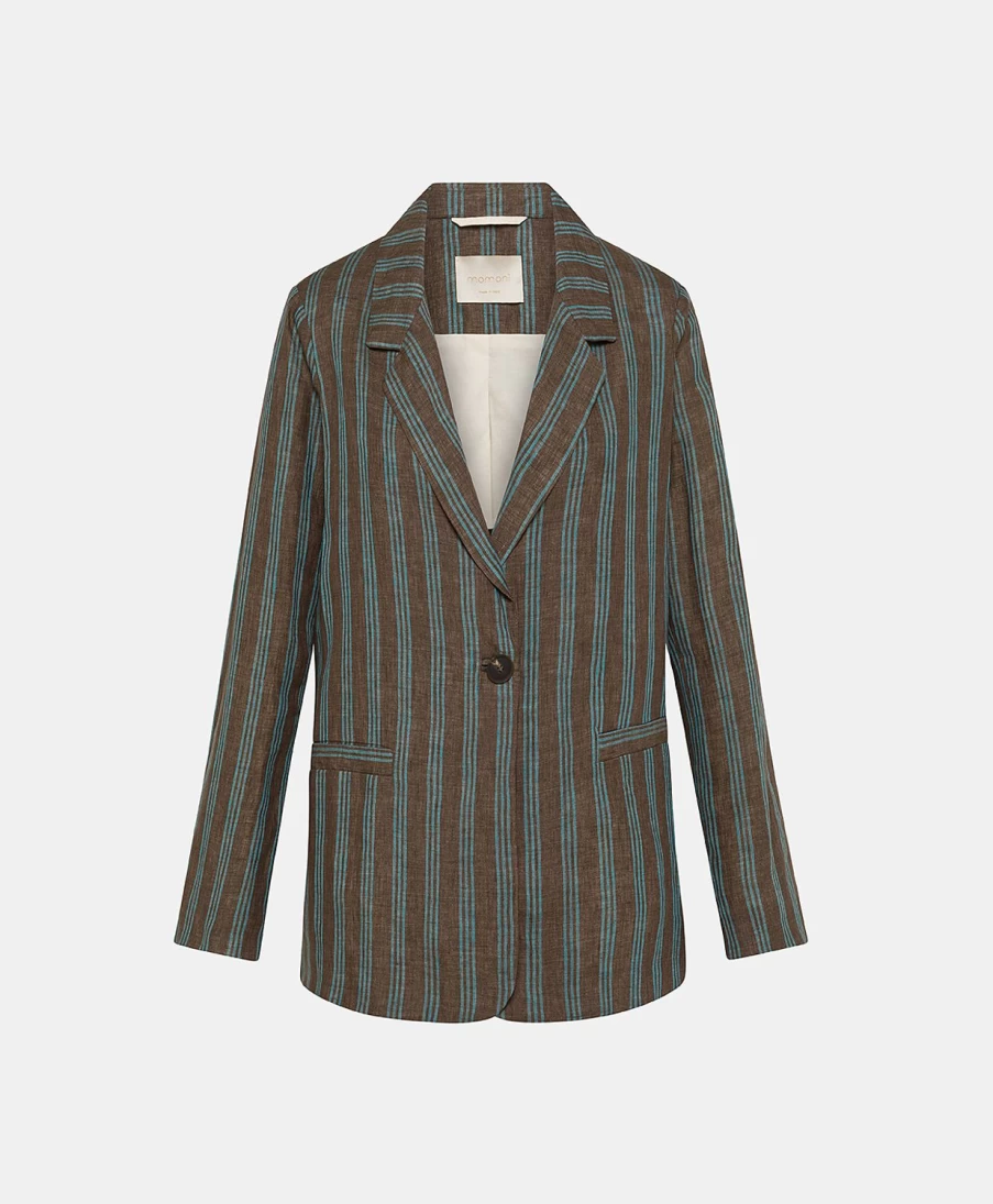 Momoni Women's Dayton Striped Linen Jacket - Brown & Aqua Casual Summer Coat