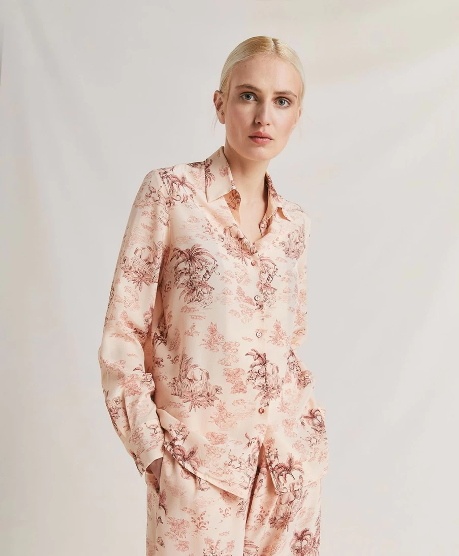 Momoni Women's Simon Shirt - Rose & Dark Cherry Crepe de Chine Blouse