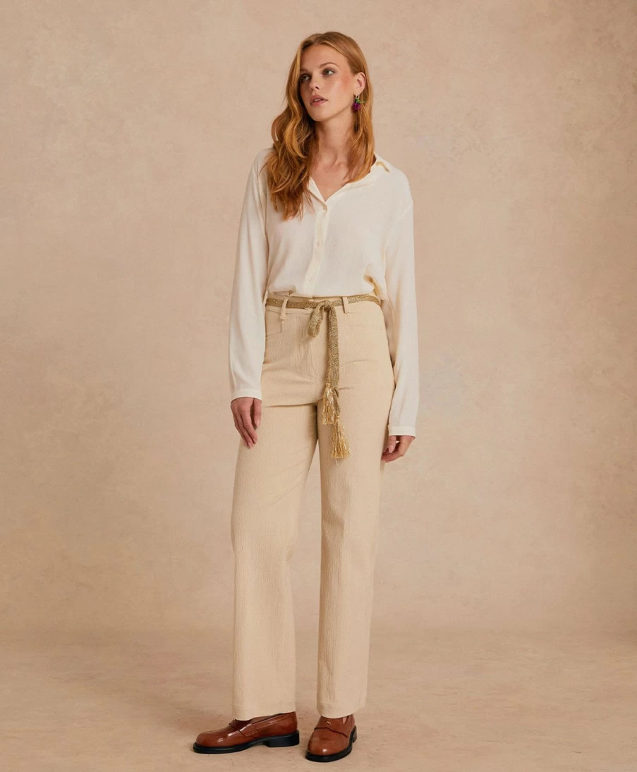 Momoni Women's Stretch Ribbed Jacques Pant in Butter - Comfortable & Stylish Co/Mo Design