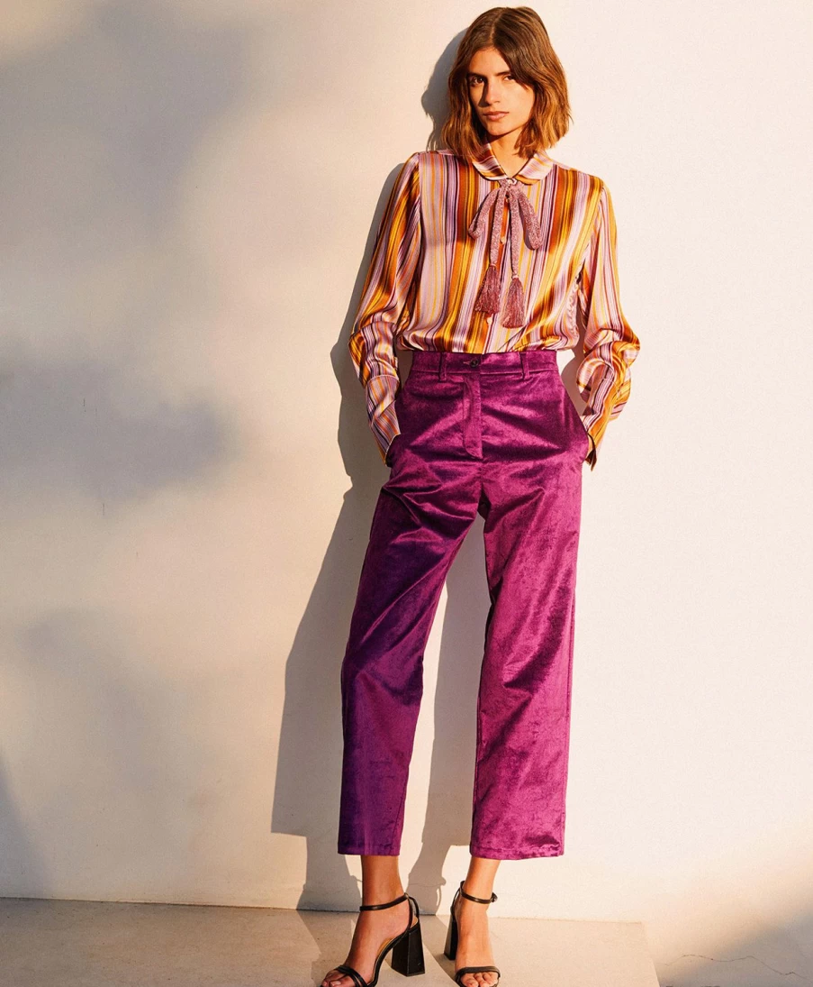Momoni Women's Purple Shiny Needlecord Zibellino Pants
