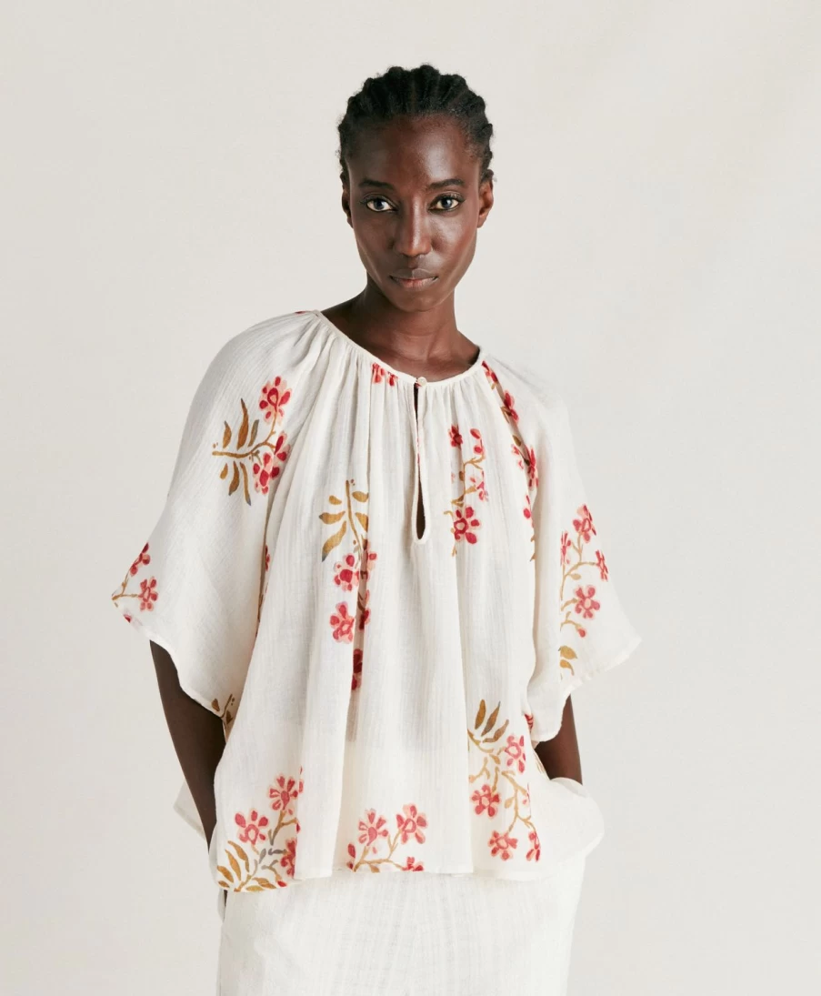 Momoni Women's Tarida Gauze Blouse - Cream & Dark Cherry Floral Print Boho Top