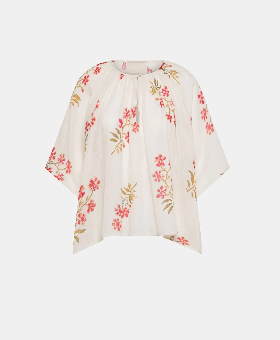Momoni Women's Tarida Gauze Blouse - Cream & Dark Cherry Floral Print Boho Top