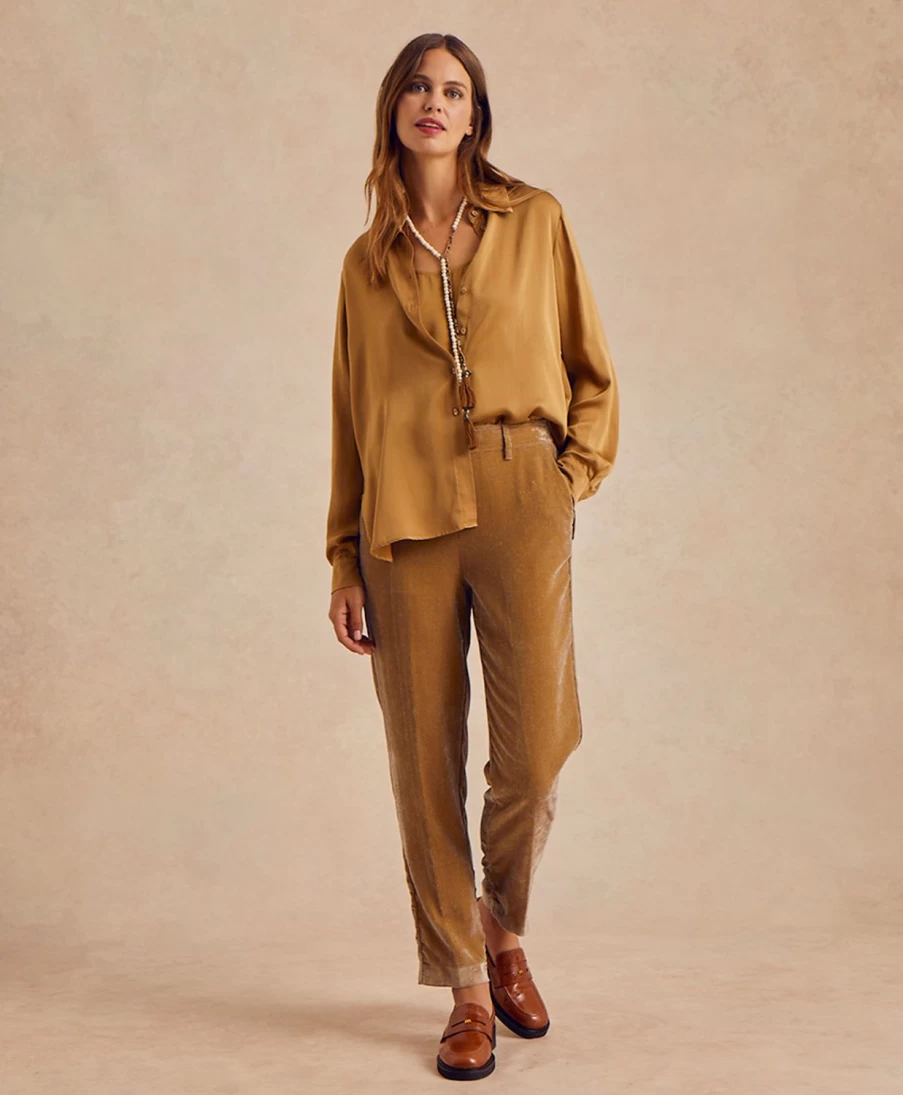 Momoni Women's Vischio High-Waist Fluid Lurex Needlecord Pants in Taupe & Gold for Elegant Evening Wear