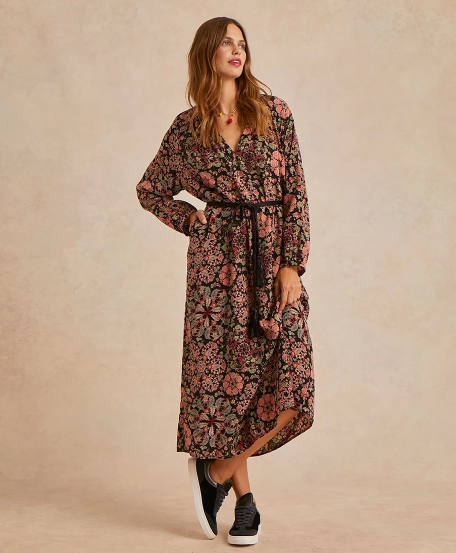 Momoni Women's Lela Printed Crepe De Chine Dress - Black and Red Floral Elegant Party Wear