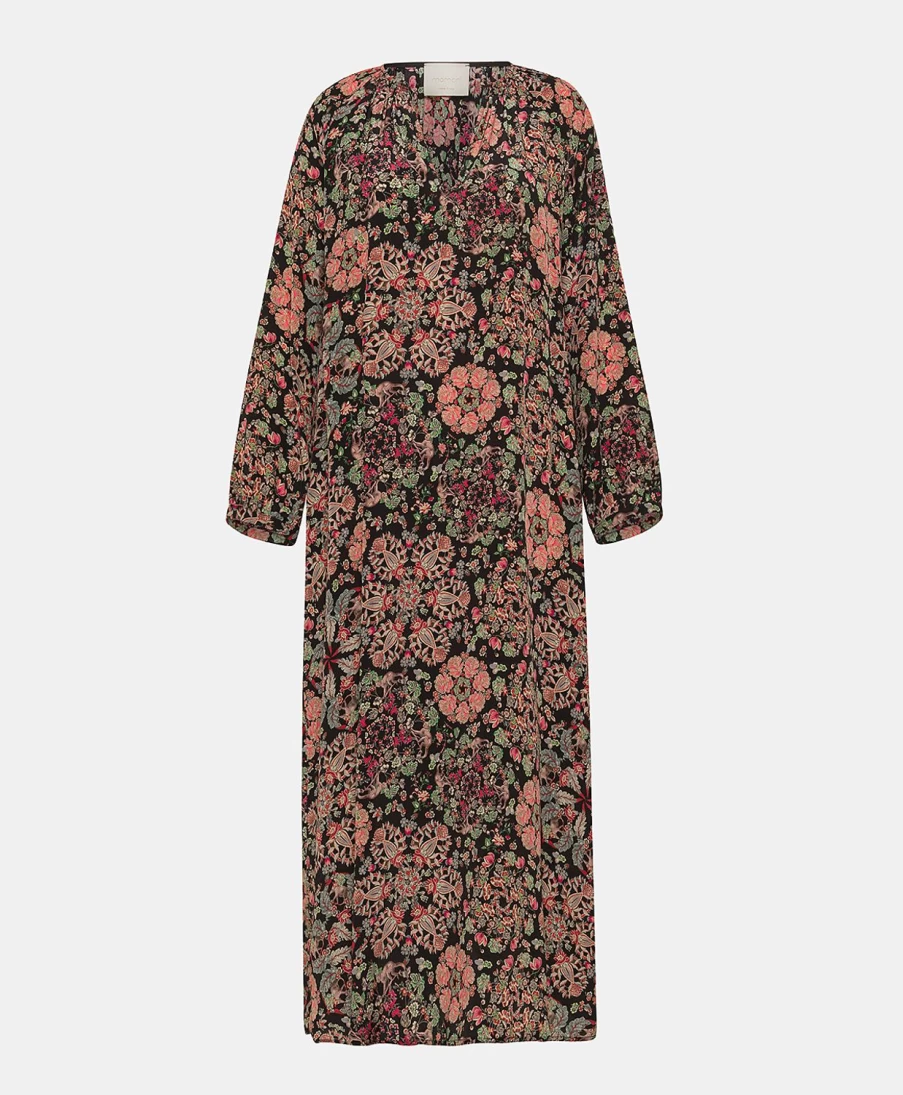Momoni Women's Lela Printed Crepe De Chine Dress - Black and Red Floral Elegant Party Wear