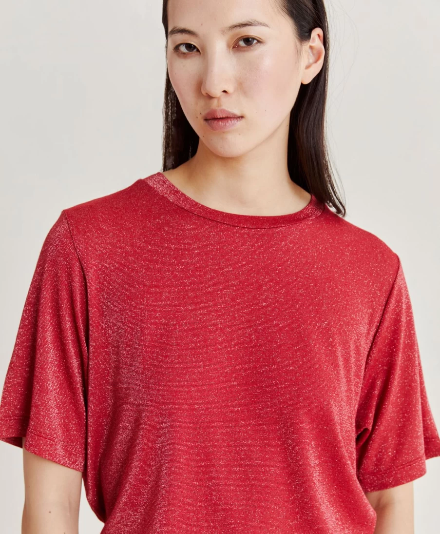 Momoni Women's Magenta Lurex Jersey Iora T-Shirt - Stylish Comfort & Shine