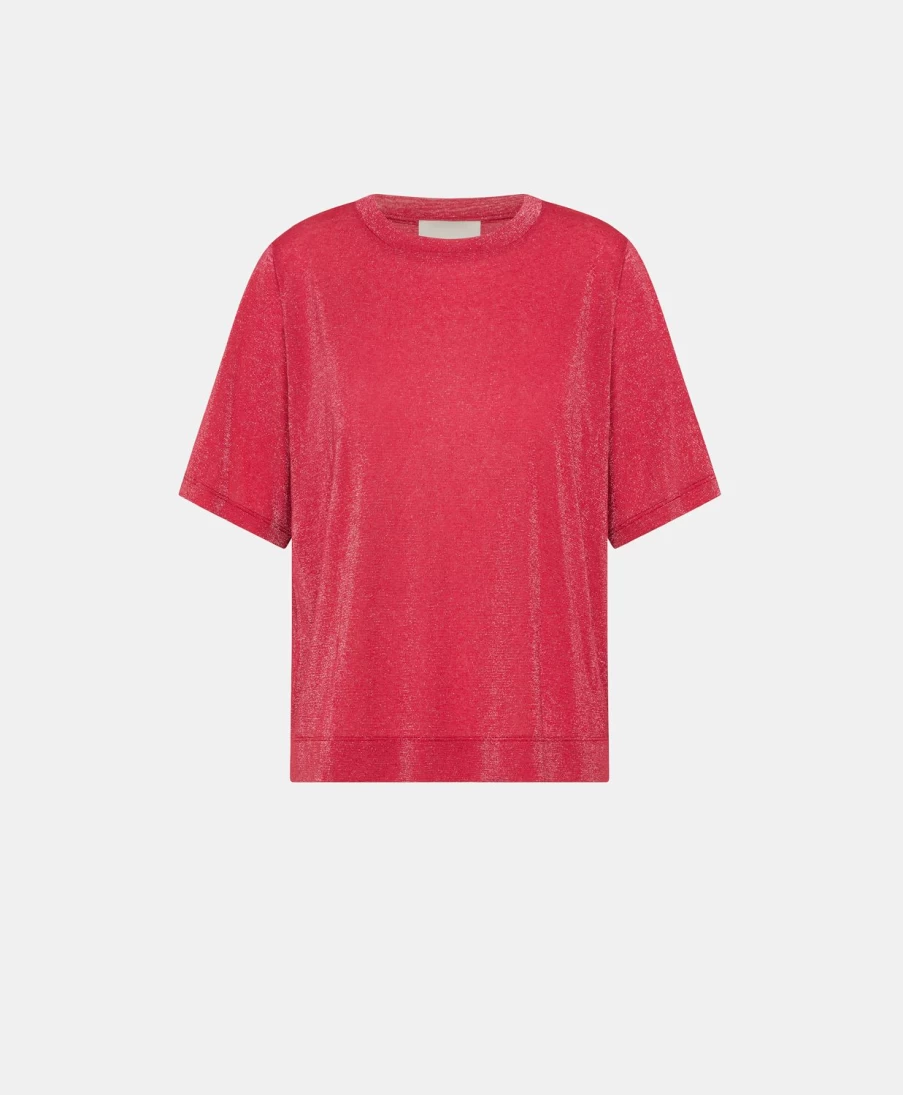 Momoni Women's Magenta Lurex Jersey Iora T-Shirt - Stylish Comfort & Shine