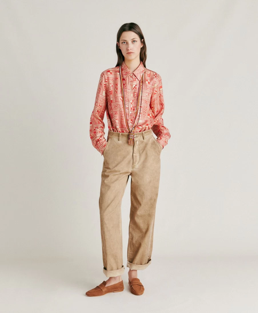 Momoni Women's Fucsia Gabardine Pants - Sand Color High-Waisted Trousers