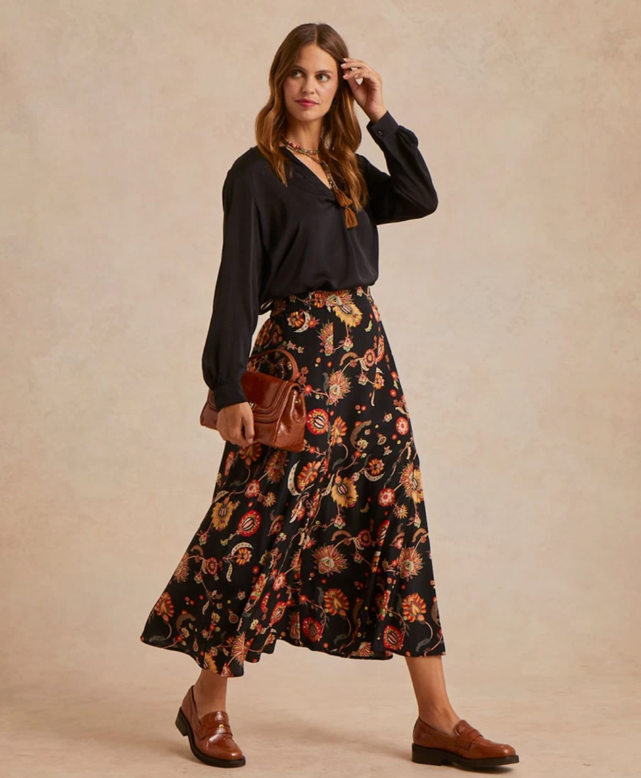 Momoni Women's Theo Skirt - Multicolor Black Printed Crepe de Chine Midi Skirt