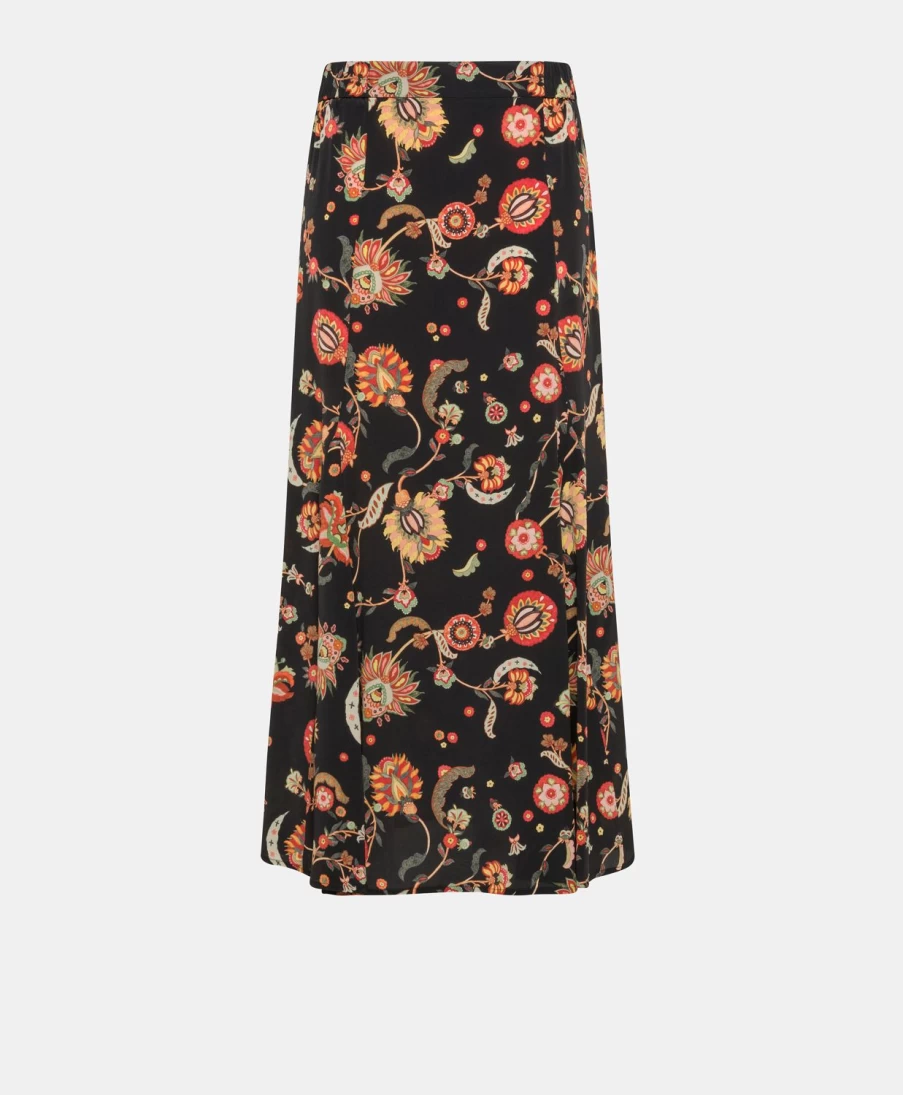 Momoni Women's Theo Skirt - Multicolor Black Printed Crepe de Chine Midi Skirt