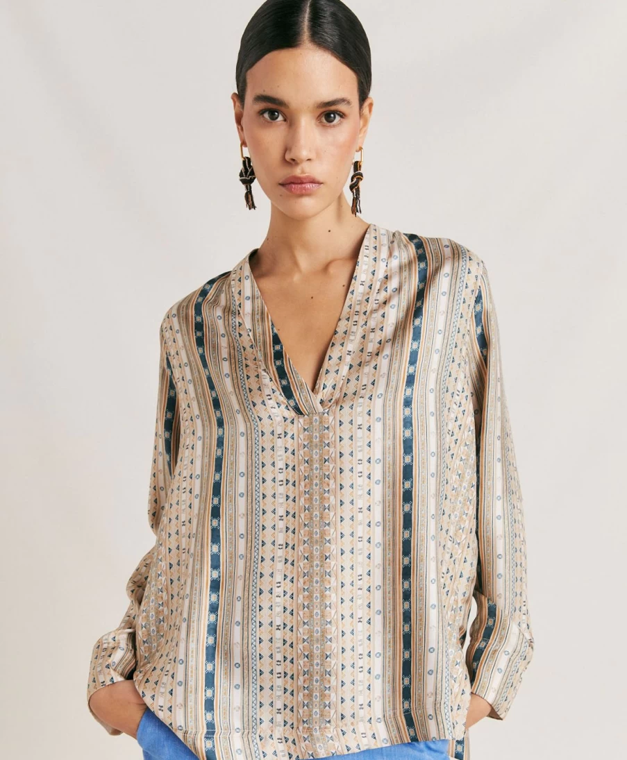 Momoni Women's Ambroise Silk Twill Blouse - Sand & Multicolor Elegant Top