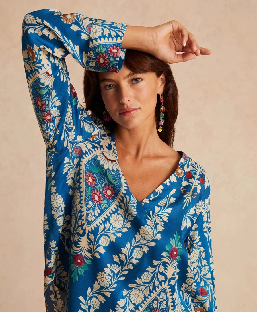 Momoni Women's Emilien Blouse - Blue Printed Viscose Twill Top