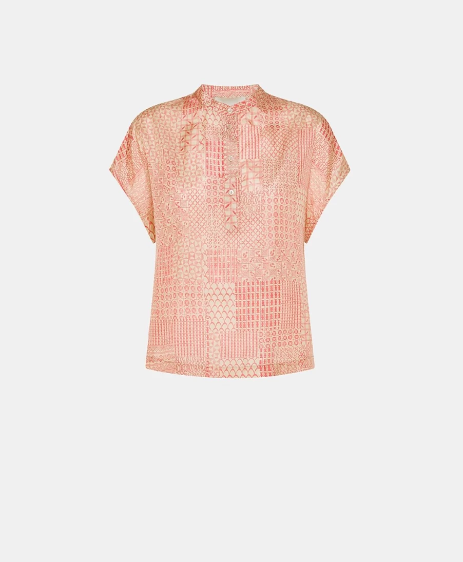 Momoni Women's Paso Blouse - Haboutai Silk in Cream & Coral, Elegant Feminine Top