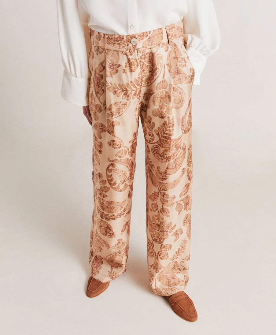 Momoni Women's Austin Pant - Silk Twill High-Waisted Trousers in Dusty Pink & Multicolour Stripes