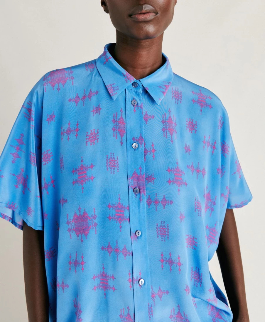 Momoni Women's Brooklyn Shirt - Cornflower Blue & Fuchsia Floral Crepe De Chine Blouse