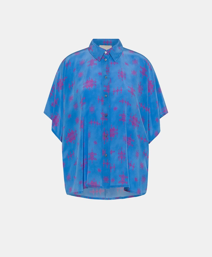 Momoni Women's Brooklyn Shirt - Cornflower Blue & Fuchsia Floral Crepe De Chine Blouse