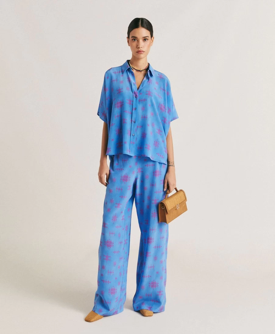 Momoni Women's Baccarat Crepe De Chine Pant in Cornflower Blue & Fuchsia - Elegant Flowy Trousers