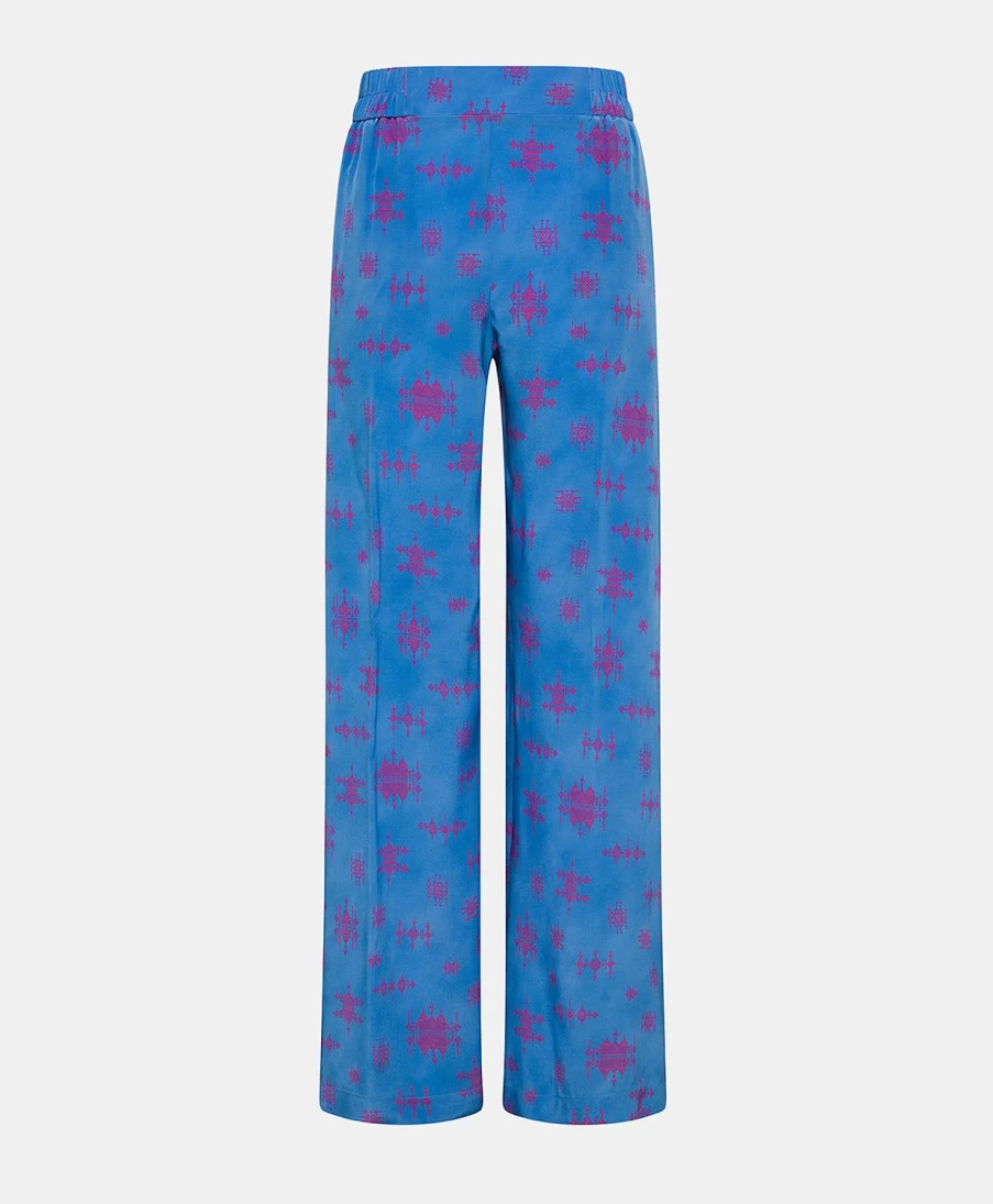 Momoni Women's Baccarat Crepe De Chine Pant in Cornflower Blue & Fuchsia - Elegant Flowy Trousers
