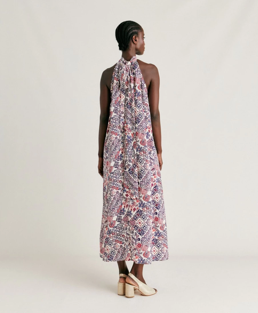Momoni Women's Sabina Dress - Cream & Violet Crepe De Chine Elegant Flowy Gown