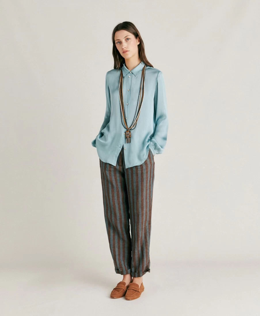Momoni Women's Brown & Aqua Striped Linen Matthieu Pants