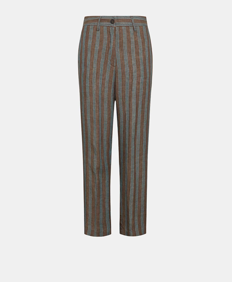 Momoni Women's Brown & Aqua Striped Linen Matthieu Pants