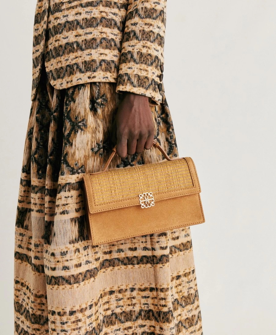Momoni Women's Sophie Raffia and Lame Handbag in Caramel