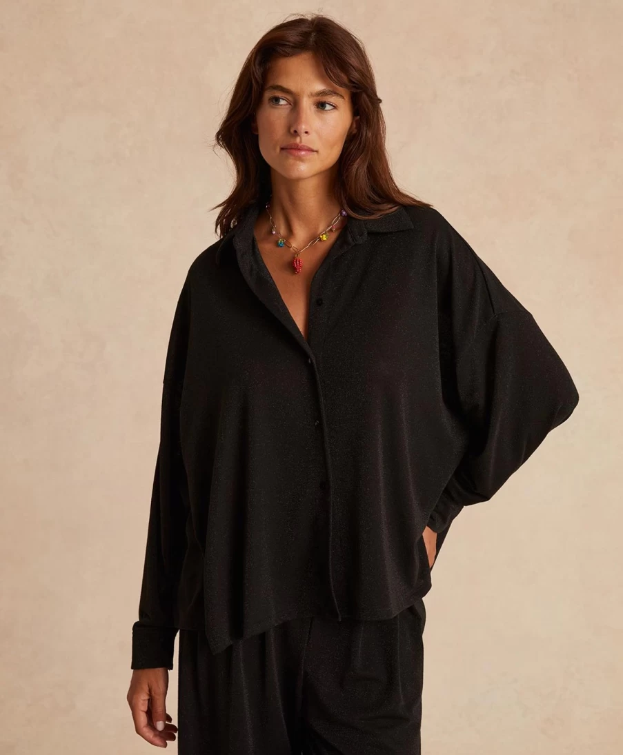Momoni Women's Black Lucciola Shirt in Luxurious Lurex Jersey Fabric