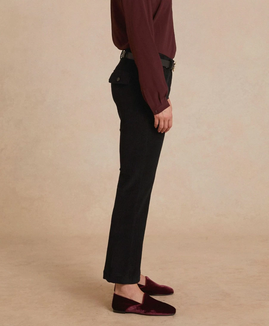 Momoni Women's Indra Pant - Stretch Ribbed Cotton Modal Blend High-Waisted Black Trousers
