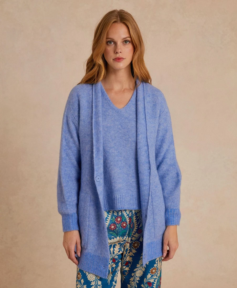 Momoni Women's Cerulean Blue Fleece-Effect Cardigan - Soft Baby Alpaca Wool Sweater