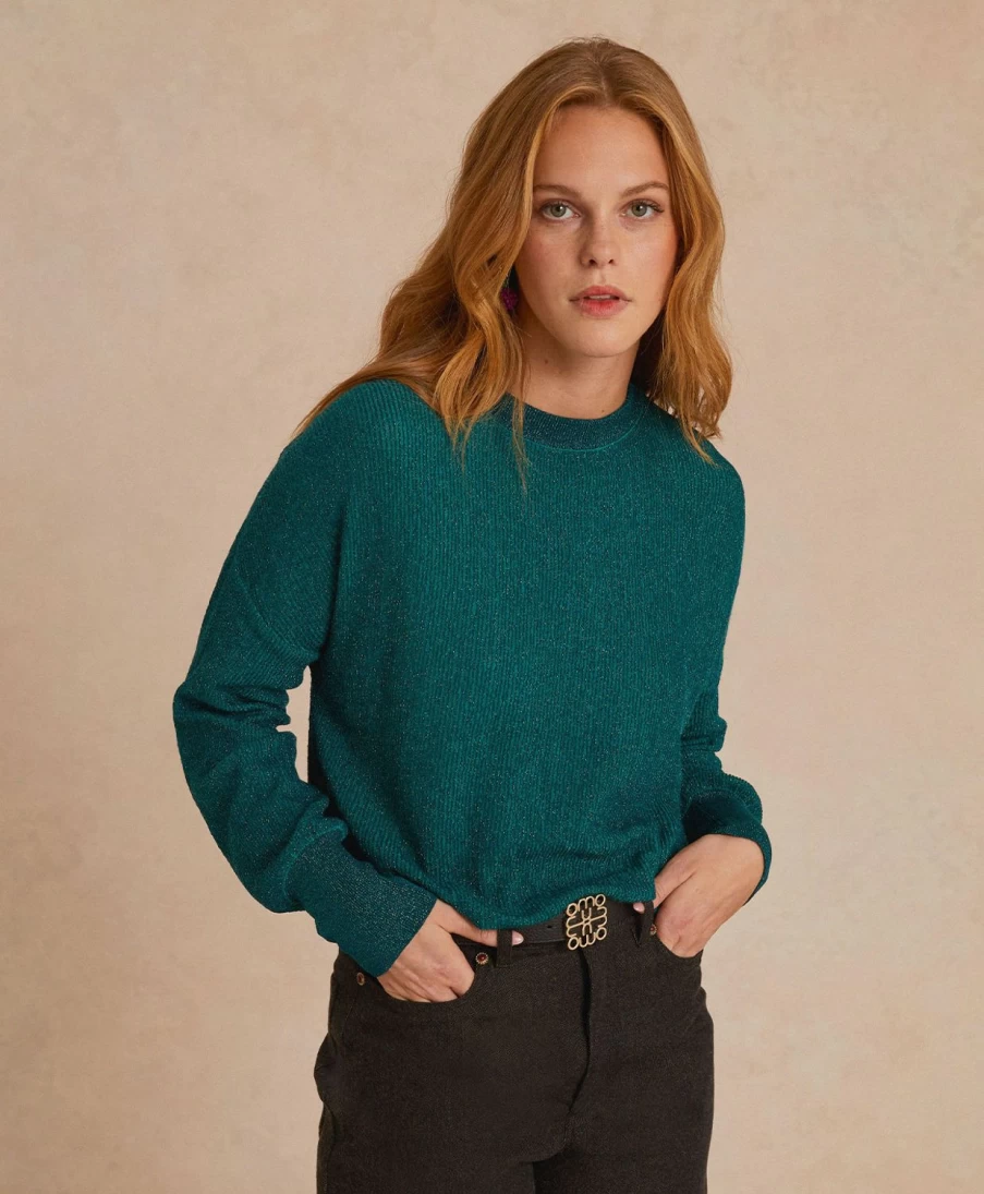 Momoni Women's Emerald Green Alpaca & Lurex Knitwear - Desire Lightweight Sweater