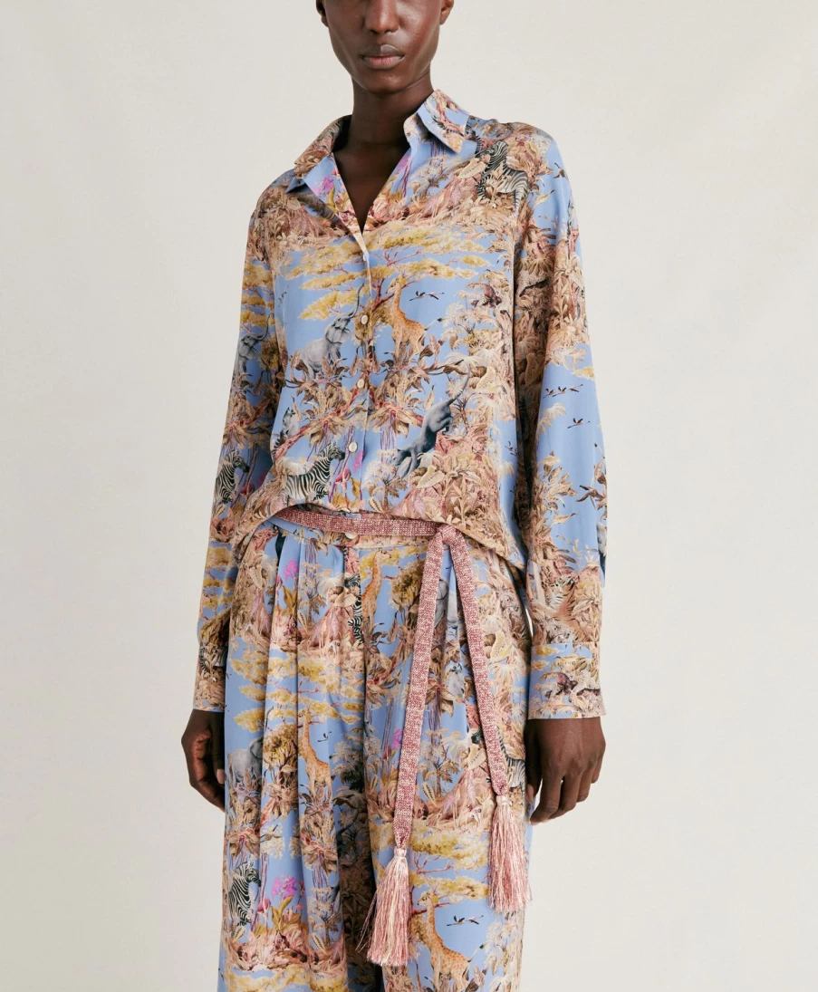 Momoni Women's Cerulean Blue Multicolour Crepe De Chine Simon Shirt