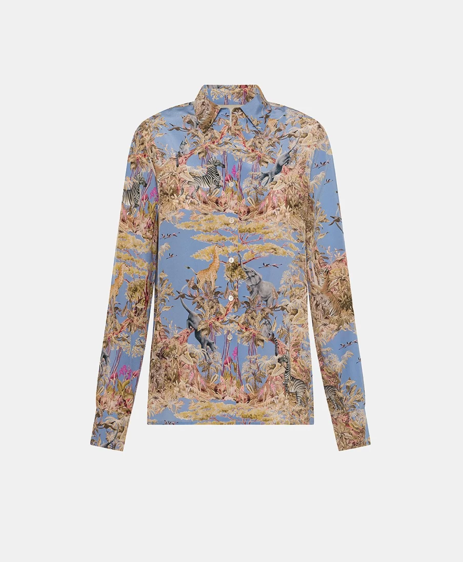Momoni Women's Cerulean Blue Multicolour Crepe De Chine Simon Shirt