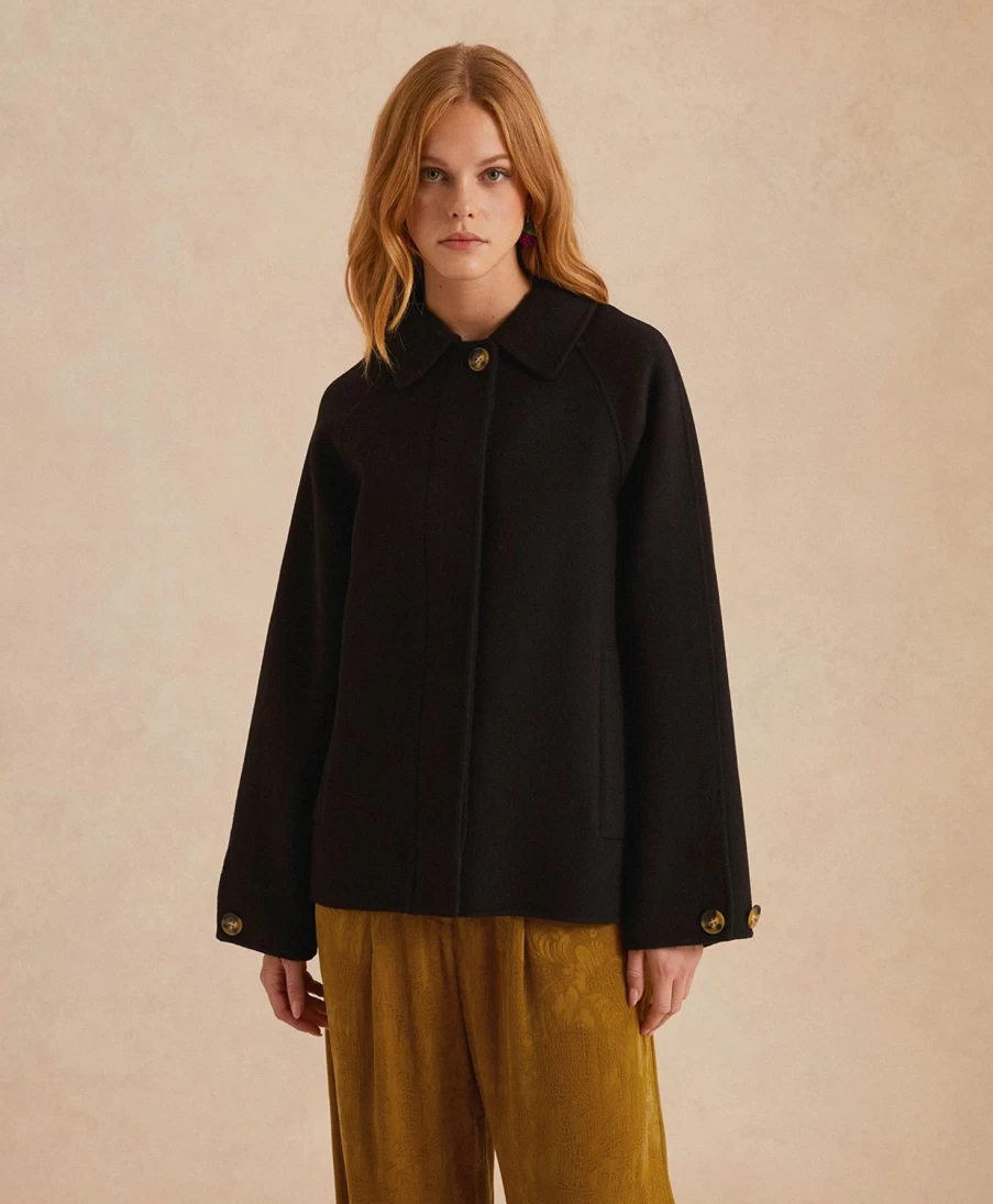 Momoni Women's Robert Coat - Double-Faced Wool Blend, Black Winter Overcoat
