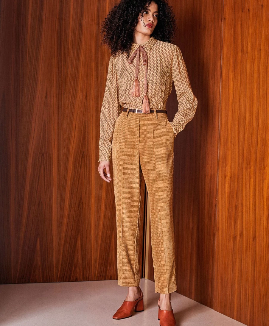 Momoni Women's Vischio Soft Corduroy Pants in Cigar Brown - High Waist Casual Trousers