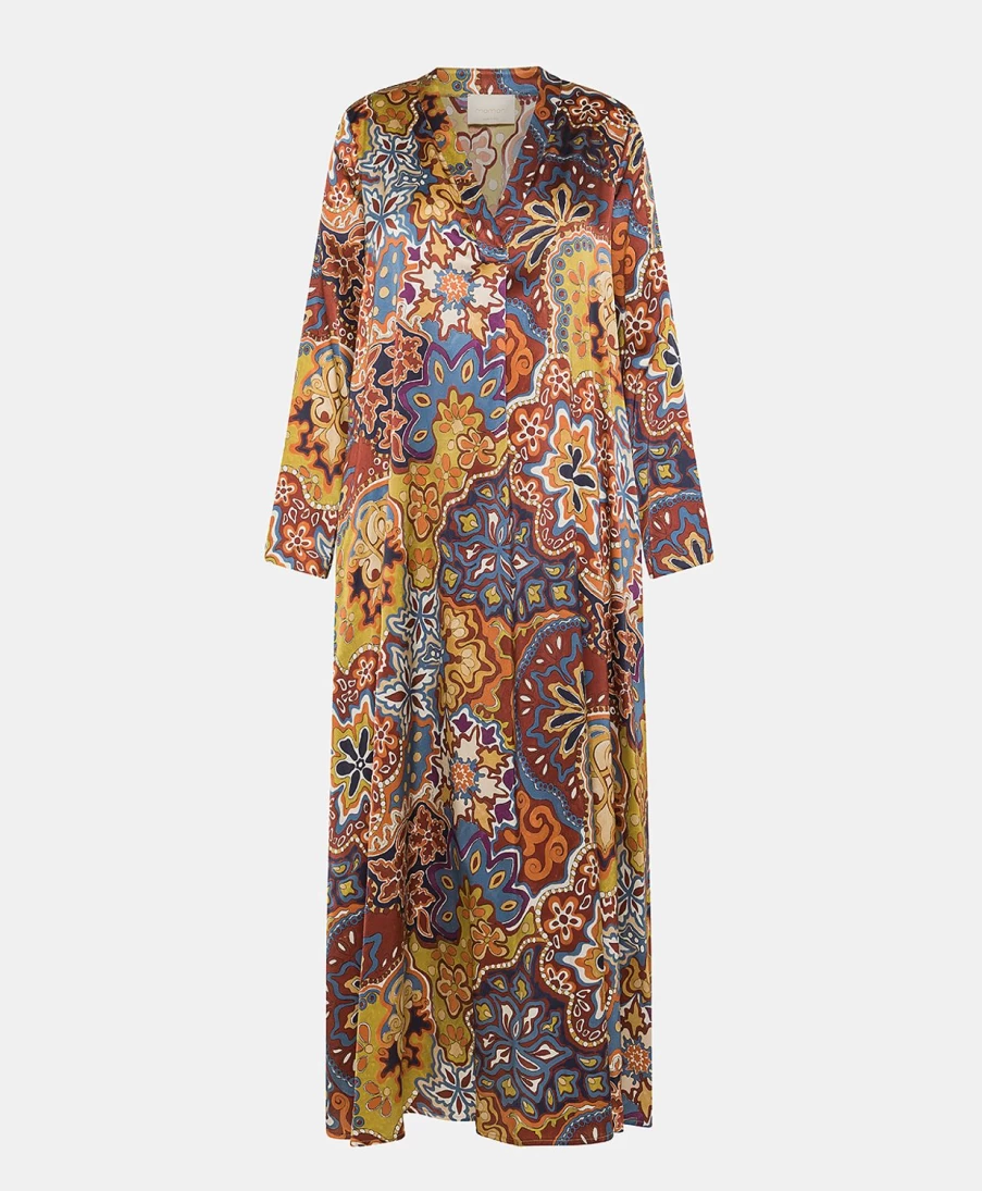 Momoni Women's Biarritz Printed Stretch Satin Dress - Brown & Orange Floral Elegant Party Gown