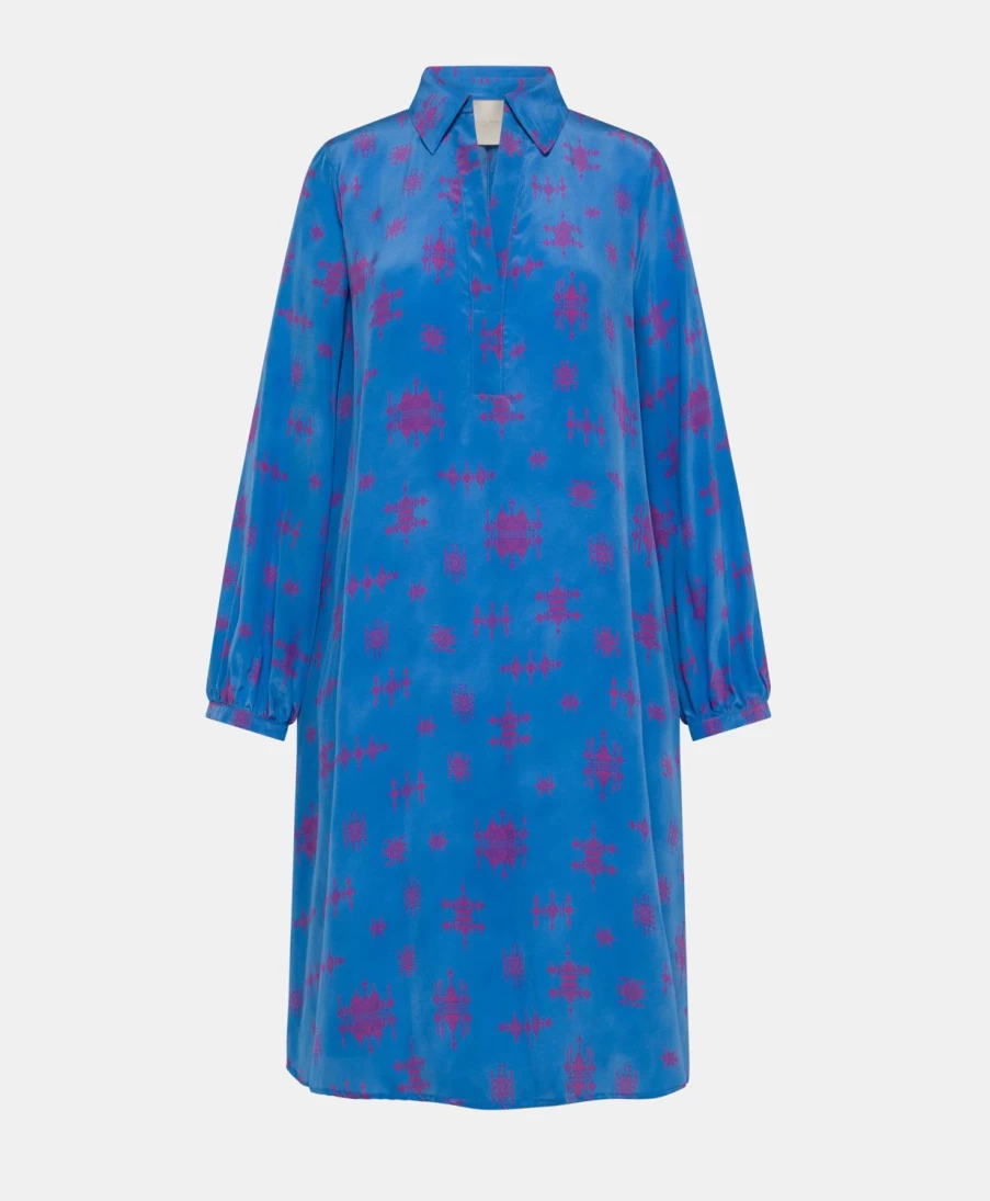 Momoni Women's Ambra Crepe De Chine Dress - Cornflower Blue & Fuchsia Floral Print