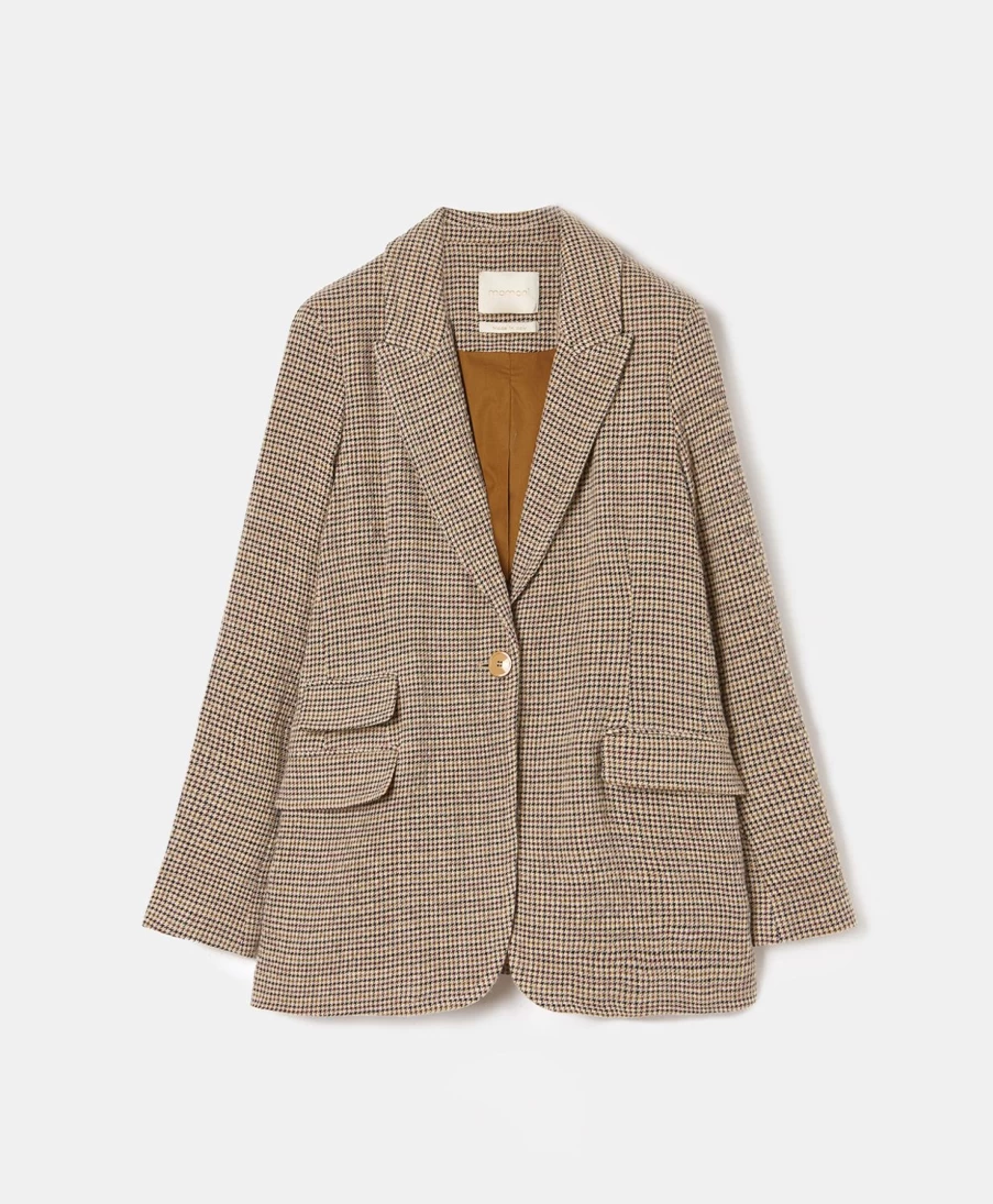 Momoni Women's Beige Houndstooth Seersucker Armillaria Jacket - Lightweight Blazer Style Coat