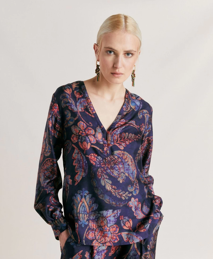 Momoni Women's Midnight Blue Multicolour Silk Twill Torret Blouse