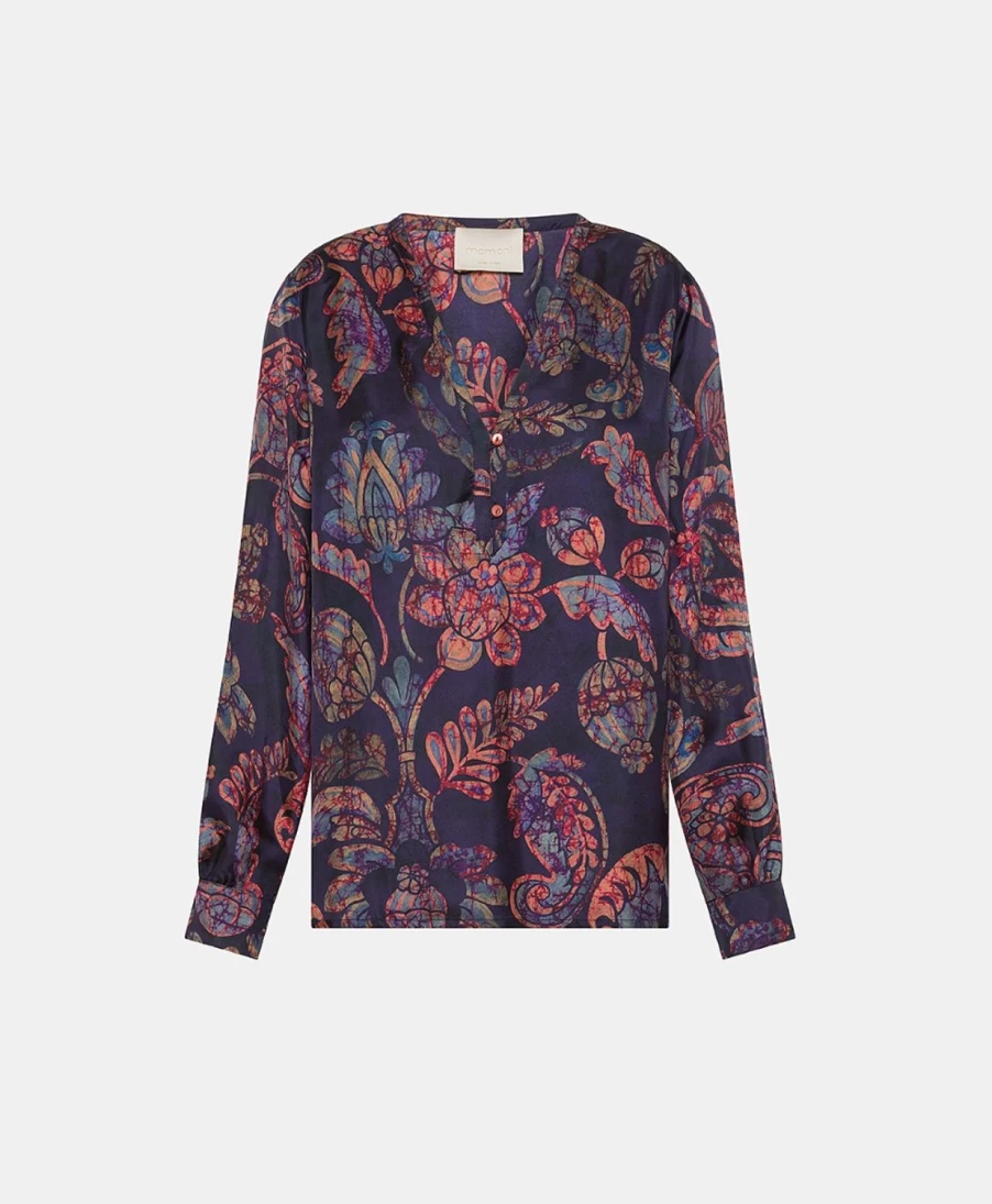 Momoni Women's Midnight Blue Multicolour Silk Twill Torret Blouse