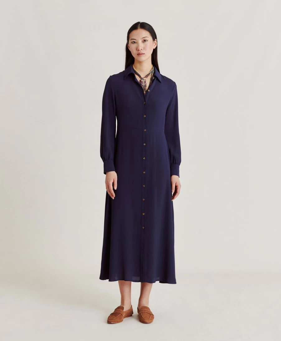 Momoni Women's Bethany Silk Dress - Elegant Plain Dark Blue Evening Gown