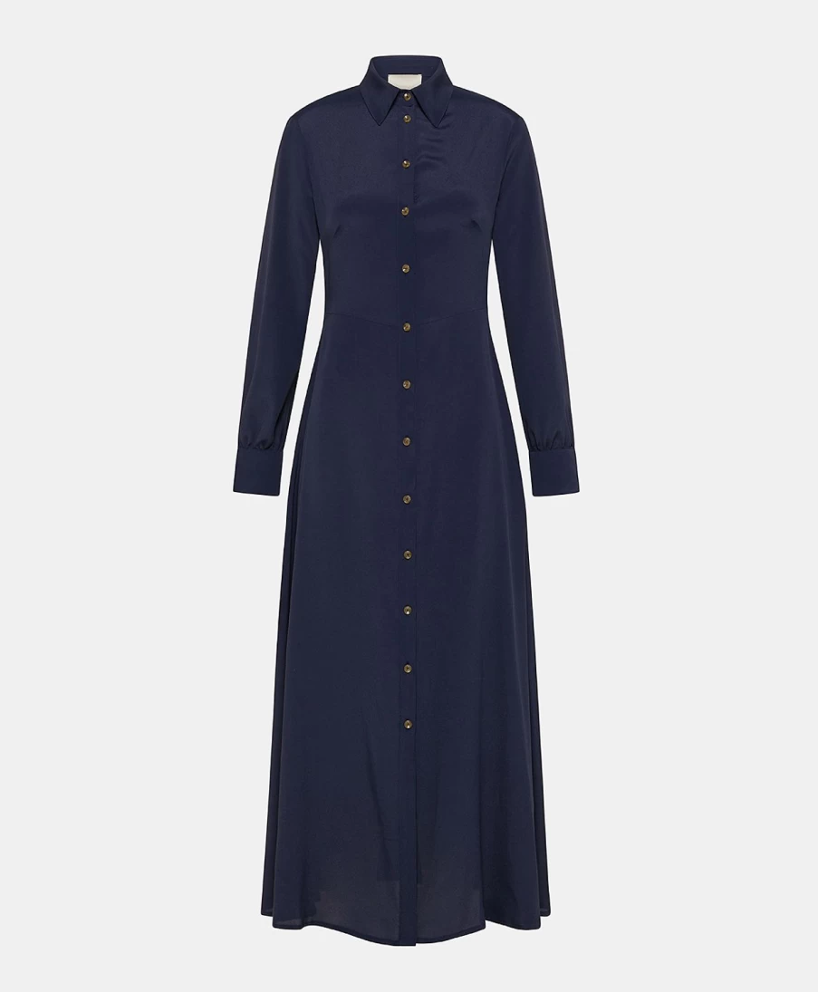 Momoni Women's Bethany Silk Dress - Elegant Plain Dark Blue Evening Gown