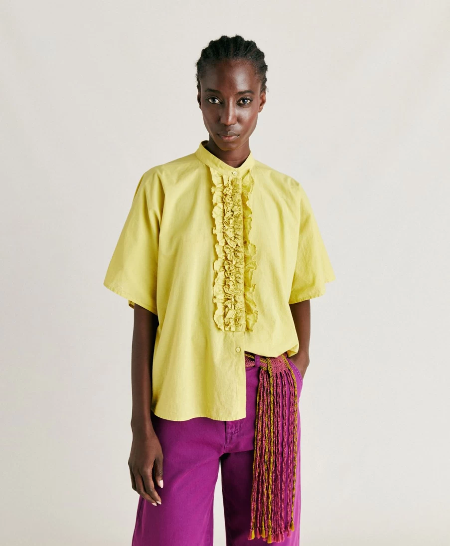 Momoni Women's Berenice Shirt - Acid Green Cotton Voile Blouse